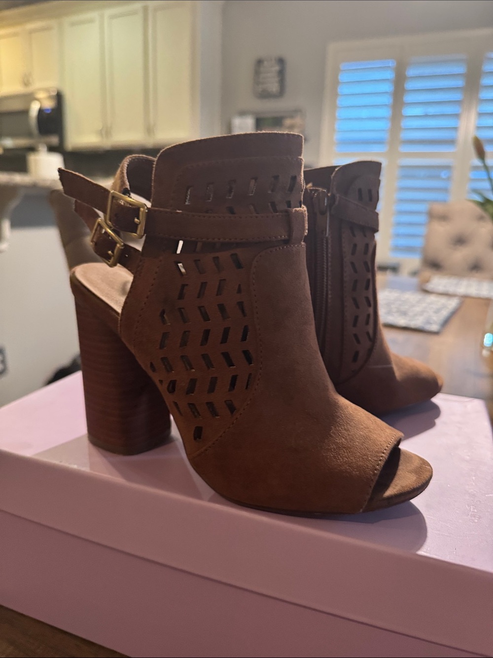 Madden Girl Brown Suede Peep-Toe Cutout Block Heel Sandals